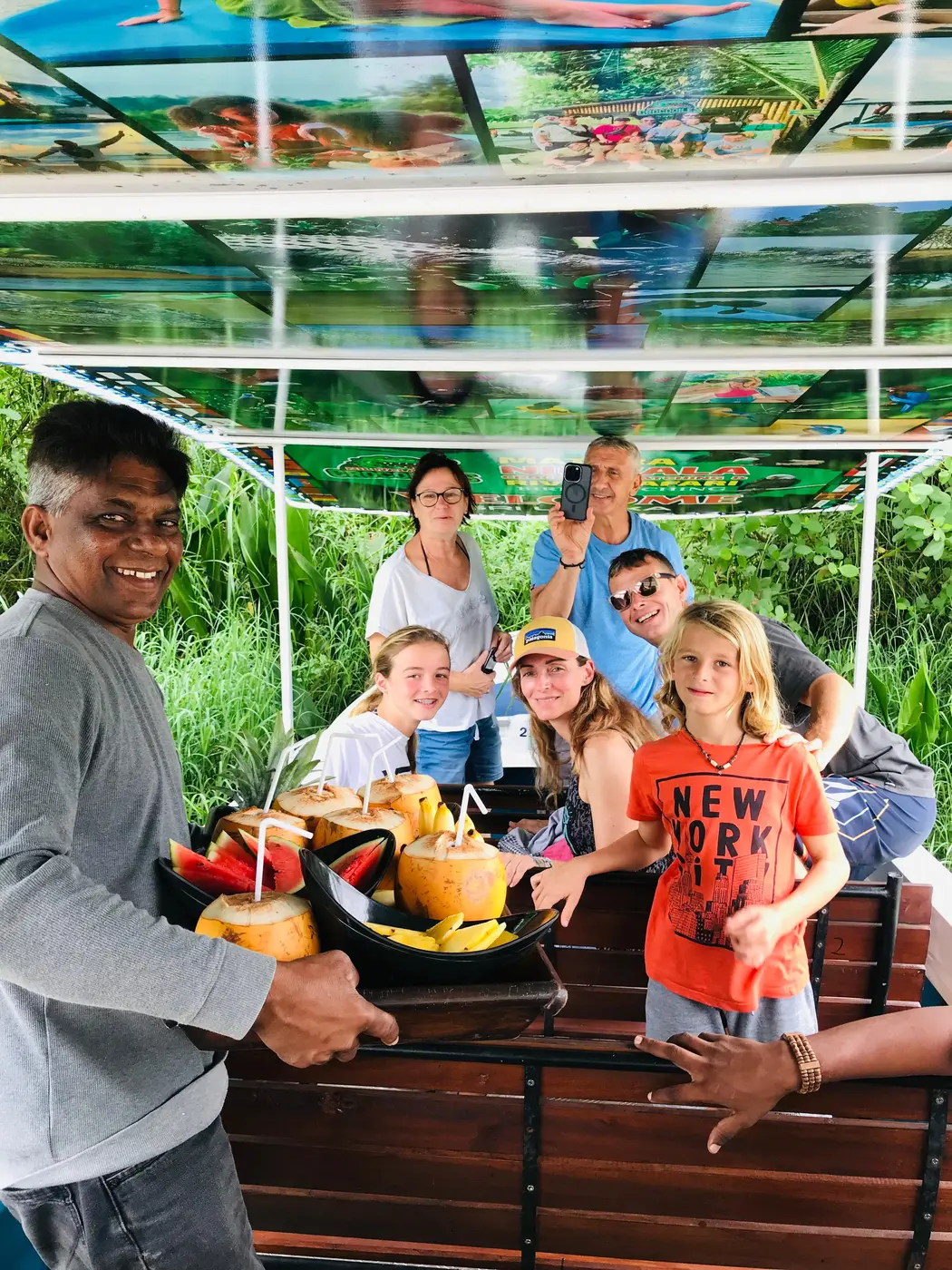 A family of guests with their guide on the Nilwala safari boat