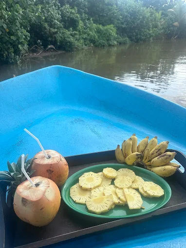 King coconuts, pineapple and bananas on a blue boat during the midway stop